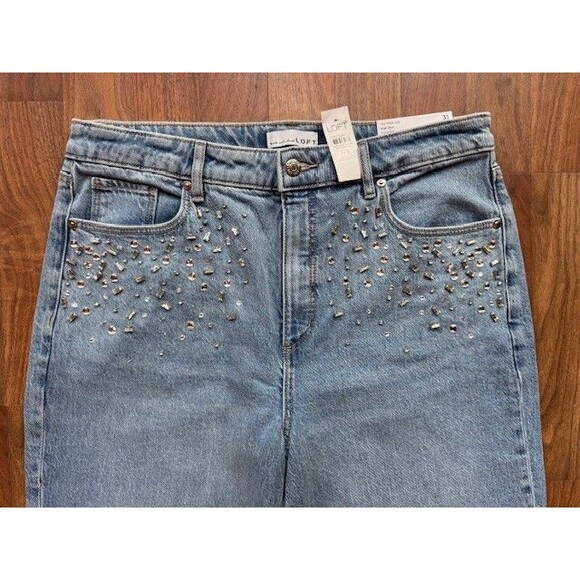 LOFT Wide Leg High Rise Curvy Light Wash Jeans Sz 31 / 12 Rhinestone Embellished - Picture 2 of 15